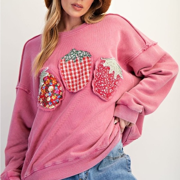 Pink Strawberry Patchwork Embellished Sweatshirt - Picture 2 of 4